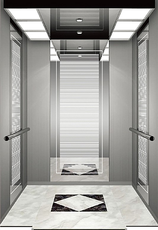 Elevator cabin in hairline stainless steel with acrylic light ceiling