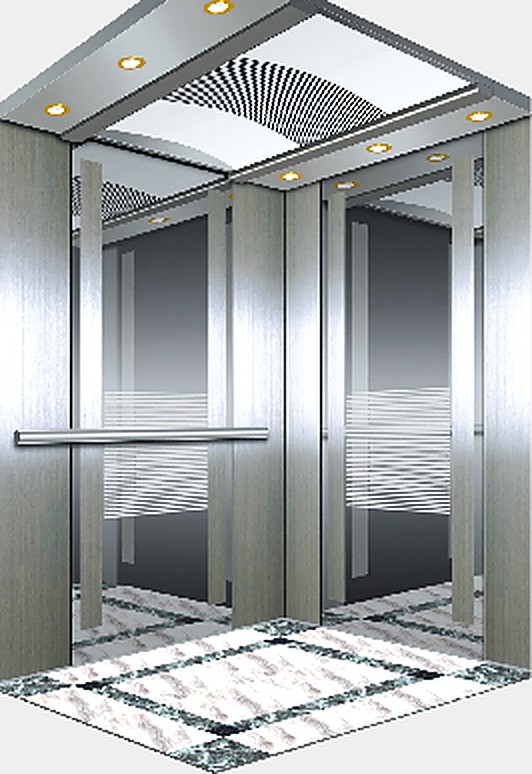 Panoramic glass elevator cabin with illuminated ceiling