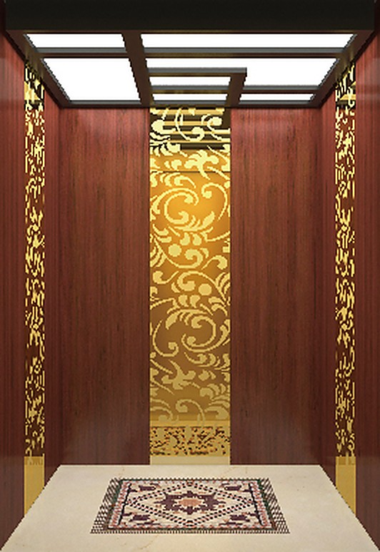 Classic wood panelled elevator cabin with engraved gold and marble floor