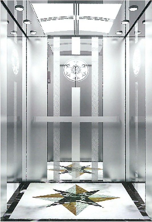 Mirror etched elevator cabin with pattern stone floor