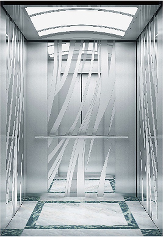 Brushed stainless steel elevator cabin with integrated light ceiling