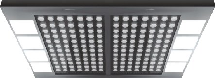 Elevator car ceiling, hairline stainless steel with acrylic light strips and multi-layer centre