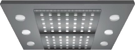Elevator car ceiling, powder-coated steel with acrylic light strips and multi-layer centre