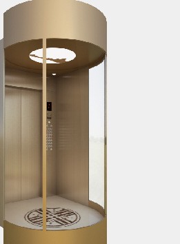 Cylindrical observation car with gold-finish frame