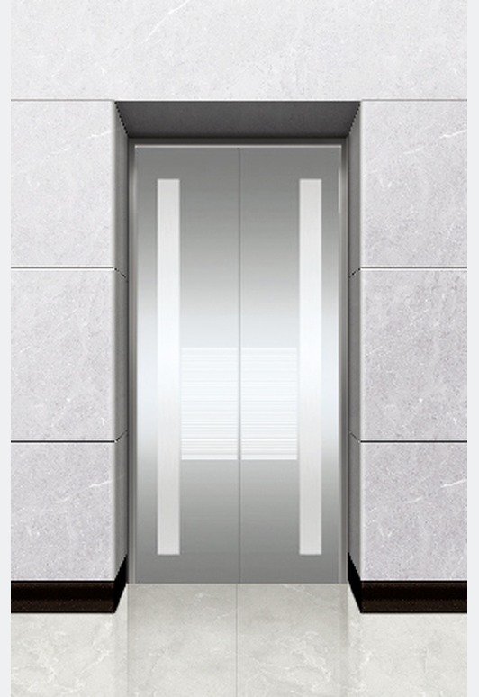 Landing door in etched stainless steel with hairline stainless steel jamb