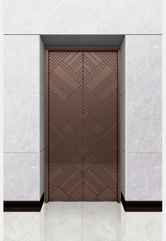 Landing door in bronze hairline stainless steel with etched motif