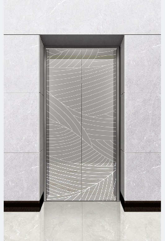 Landing door in mirror stainless steel with flowing-line etched motif