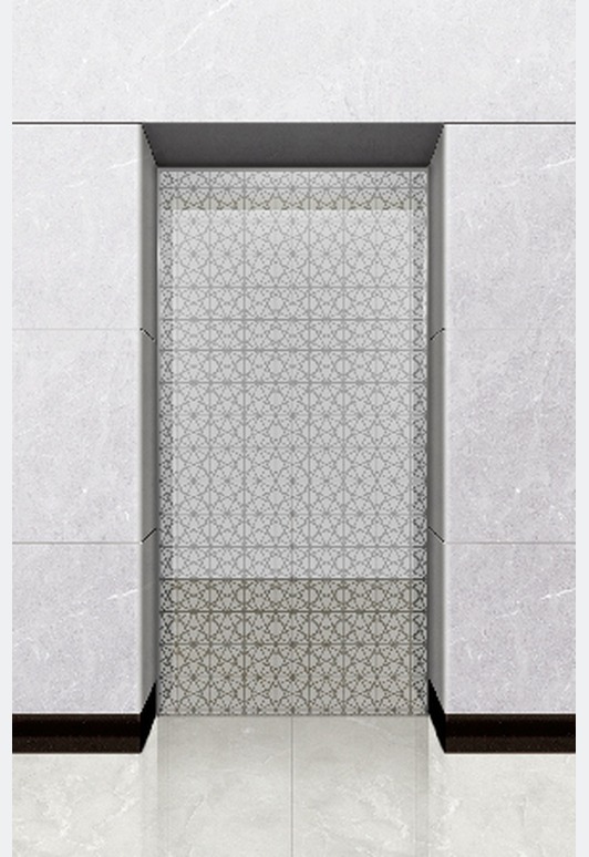 Landing door in mirror stainless steel with fine floral etched motif