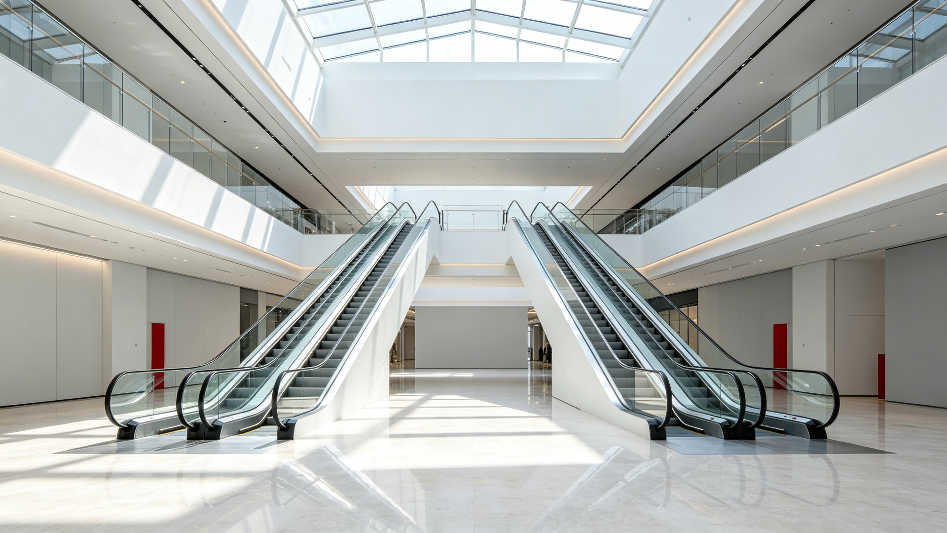Glass escalators in a modern shopping mall atrium