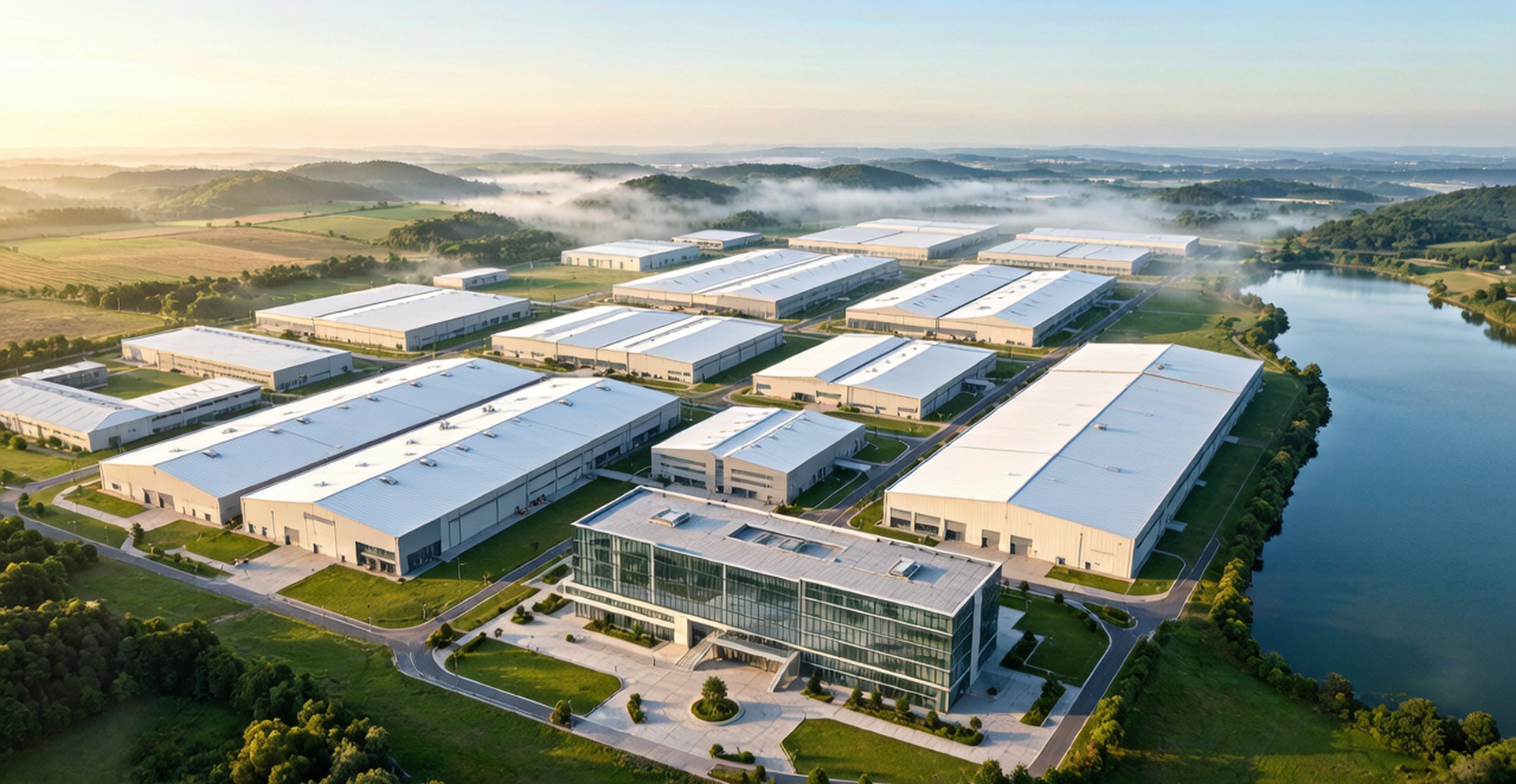 W&E audited escalator and elevator manufacturing campus — aerial view of partner factory base in China