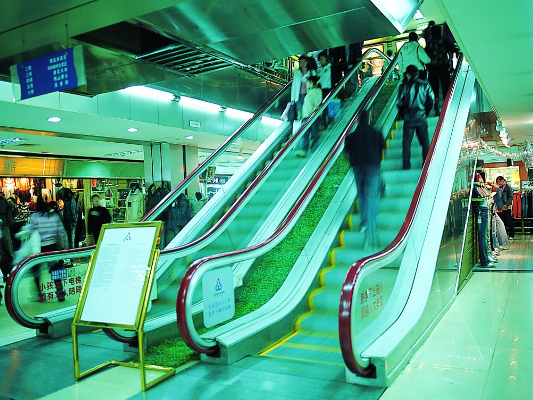 Paired escalators in a shopping mall